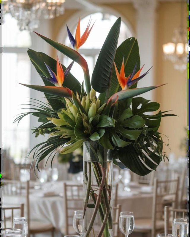 Tall tropical centerpiece with birds of paradise